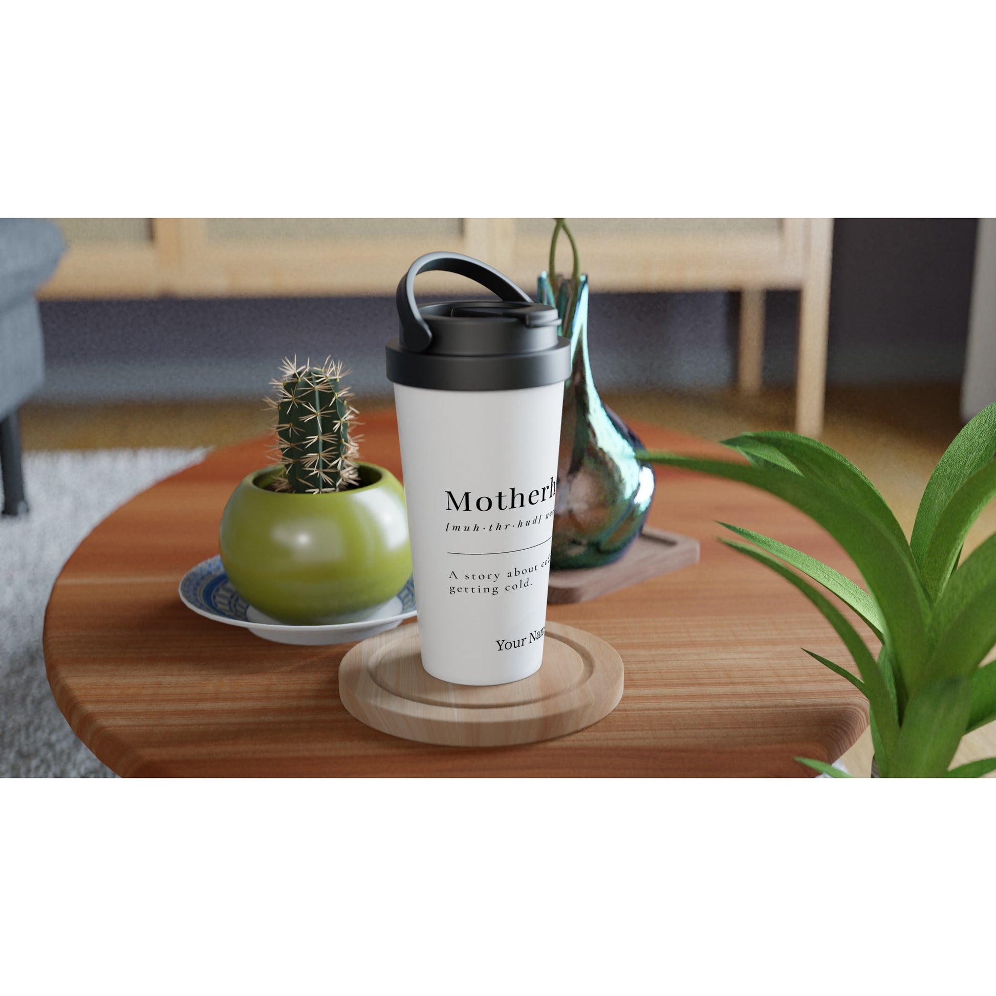 Personalised - Motherhood Definition - White 15oz Stainless Steel Travel Mug Personalised Travel Mug Customise Globally Fulfilled Mum Personalise