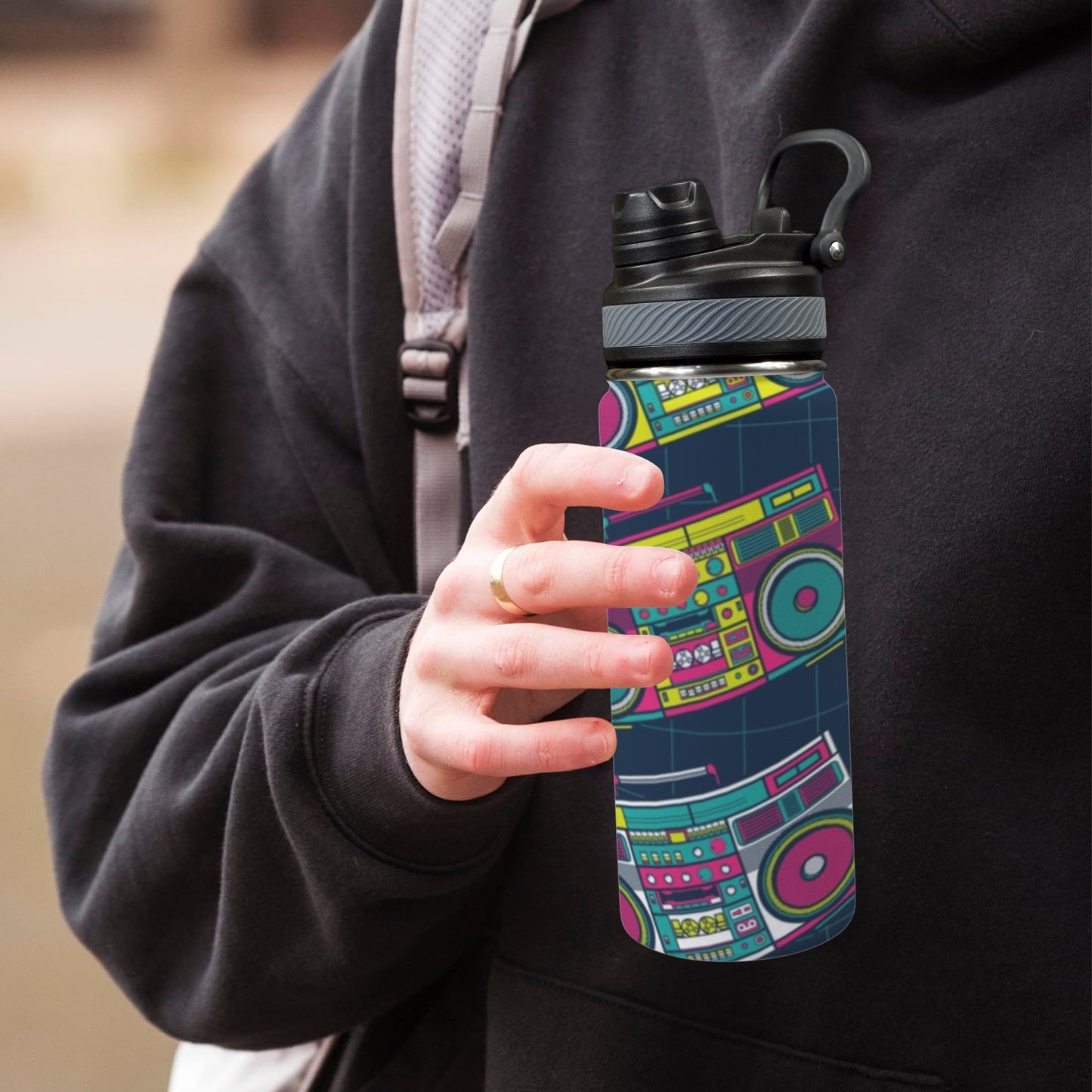 Boombox - Insulated Water Bottle with Dual-Use Lid (18oz) Insulated Water Bottle with Dual-Use Lid (18oz) Music Printed Offshore Retro