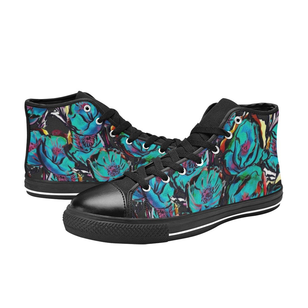 Flower It Blue - Women's High Top Canvas Shoes