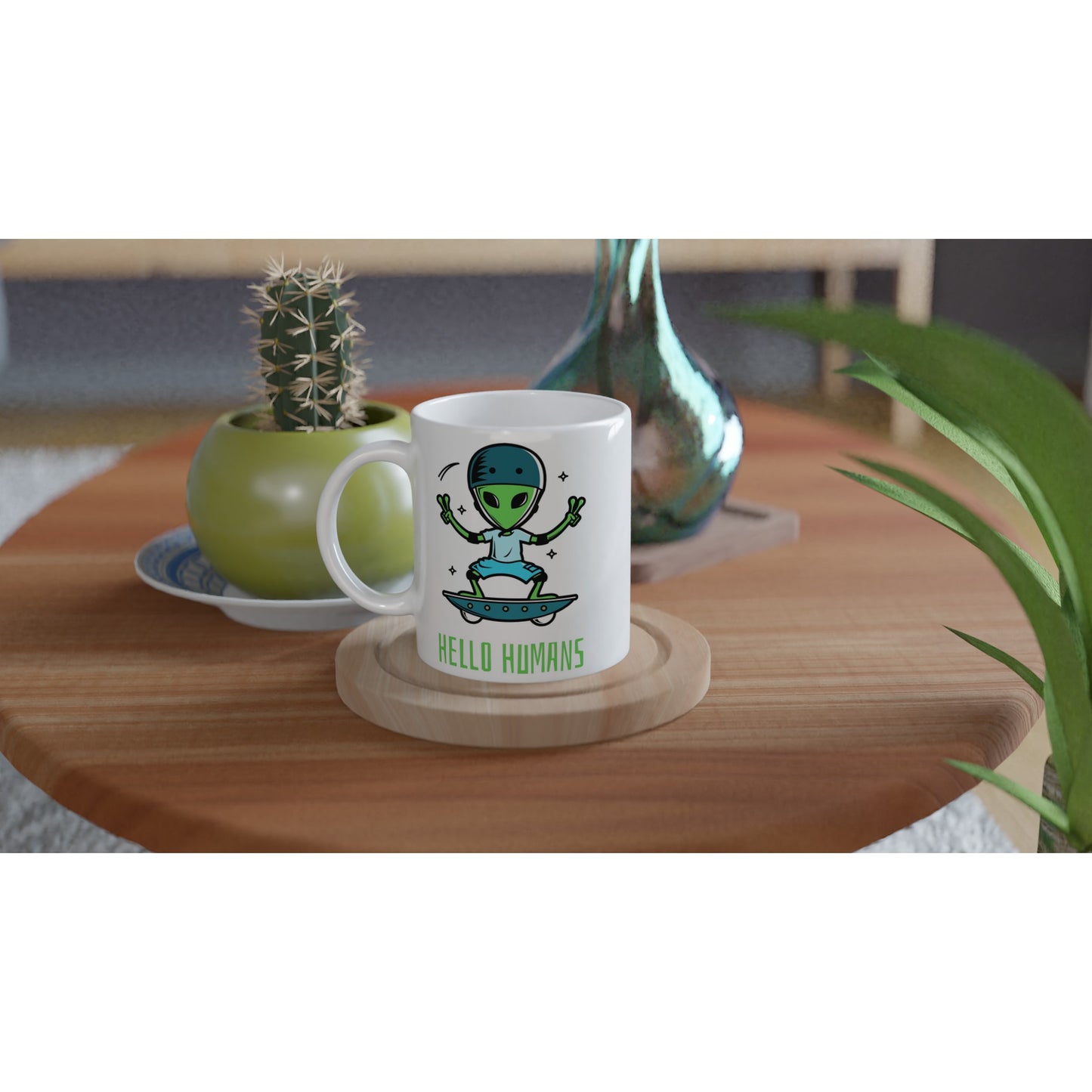 Hello Humans, Alien Skateboard - White 11oz Ceramic Mug White 11oz Mug Globally Fulfilled Sci Fi