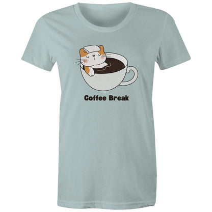 Cat Coffee Break - Womens T-shirt Pale Blue Womens T-shirt animal Coffee Printed In Australia