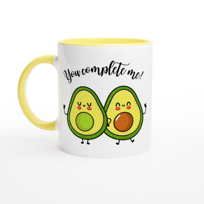 Avocado, You Complete Me - White 11oz Ceramic Mug with Colour Inside Ceramic Yellow Colour 11oz Mug food Globally Fulfilled Love