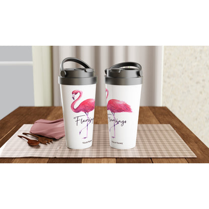 Personalised - Flamingo - White 15oz Stainless Steel Travel Mug Personalised Travel Mug animal coffee