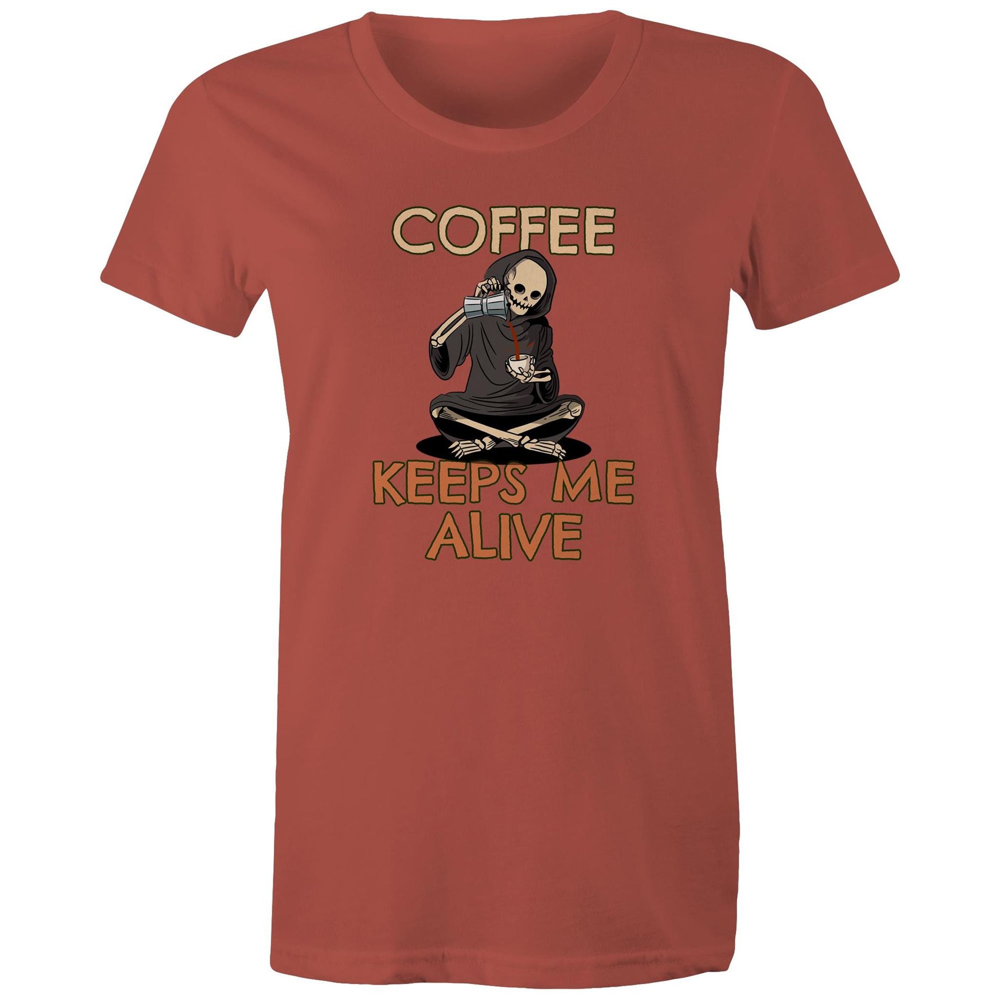 Skeleton, Coffee Keeps Me Alive - Womens T-shirt Coral Womens T-shirt Coffee