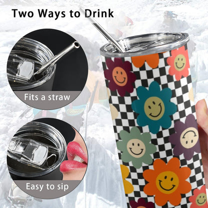 Happy Retro Flowers - 20oz Tall Skinny Tumbler with Lid and Straw