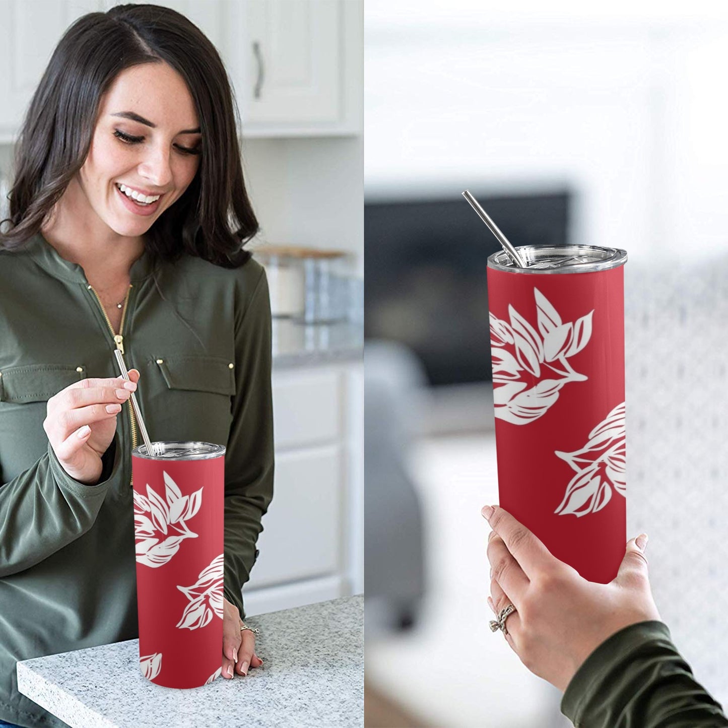 Red Retro Foliage, Hawaiian Flower - 20oz Tall Skinny Tumbler with Lid and Straw