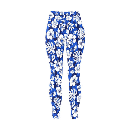 Blue Hawaiian Floral - Womens High Waist Leggings (Sizes 16-22)