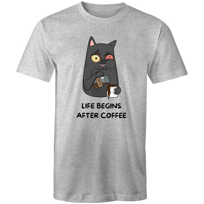Cat, Life Begins After Coffee - Mens T-Shirt Grey Marle Mens T-shirt animal Coffee Funny