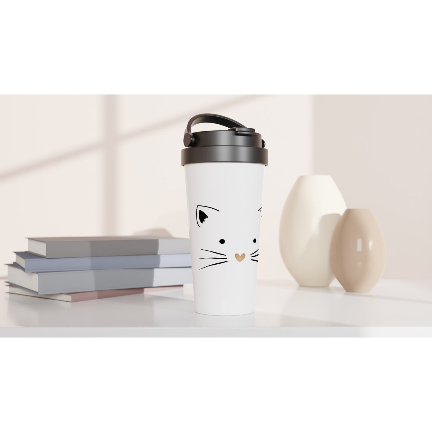 Cat Gold Heart Nose - White 15oz Stainless Steel Travel Mug Travel Mug animal Globally Fulfilled