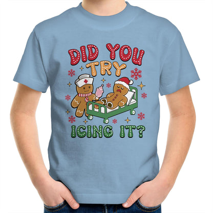 Funny Gingerbread, Did You Try Icing It - Kids Youth T-Shirt Carolina Blue Kids Christmas T-shirt Christmas Printed In Australia