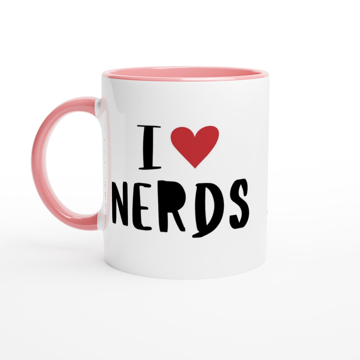 I Love Nerds, Red Heart - White 11oz Ceramic Mug with Colour Inside Ceramic Pink Colour 11oz Mug Globally Fulfilled Love