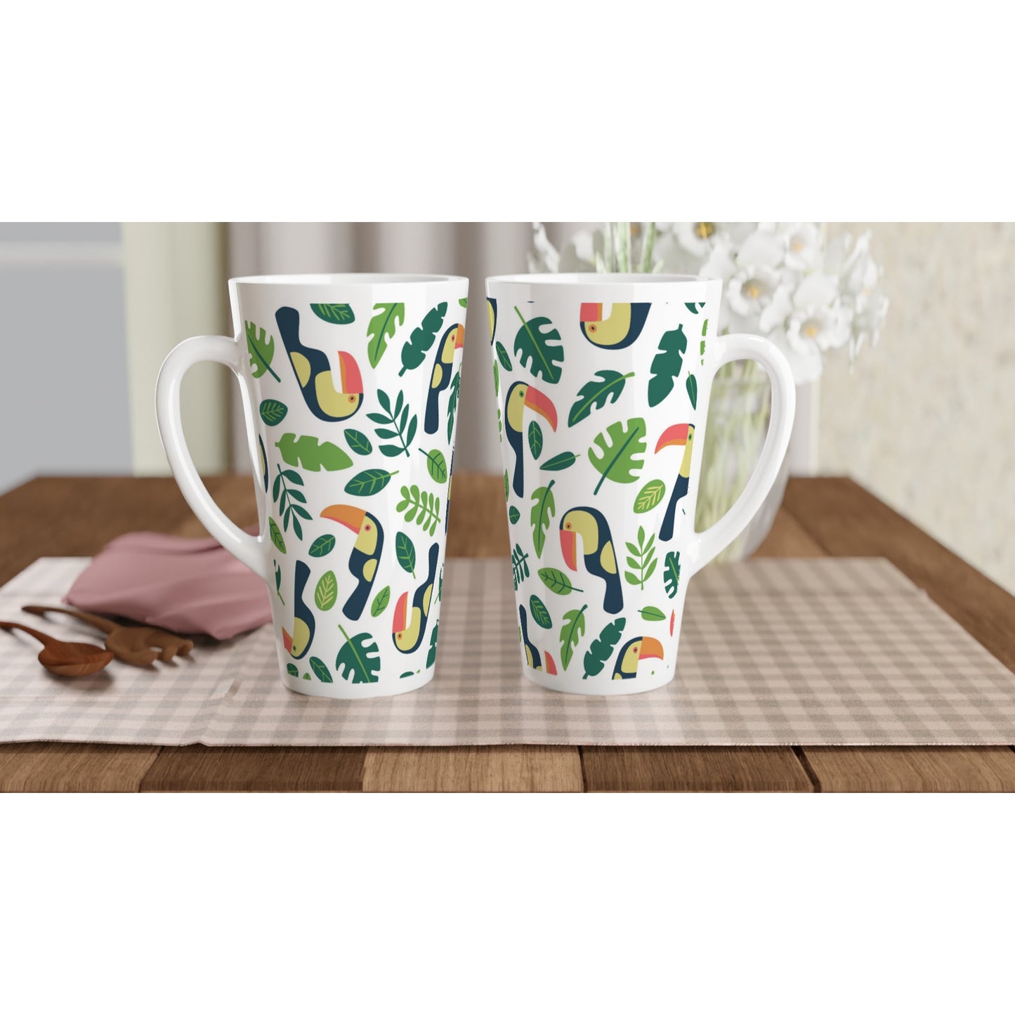 Toucans - White Latte 17oz Ceramic Mug Latte Mug animal Globally Fulfilled