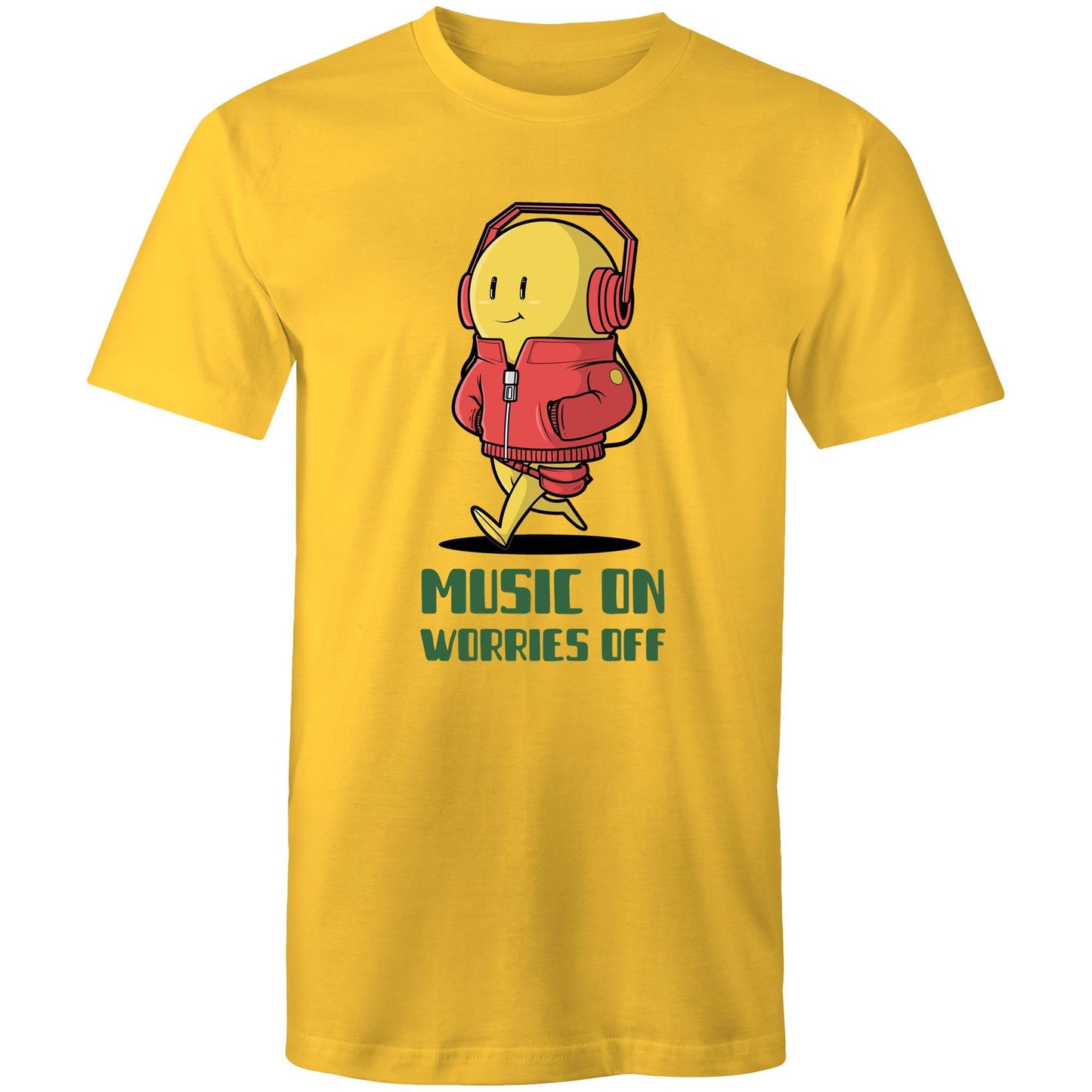 Music On, Worries Off - Mens T-Shirt Yellow Mens T-shirt Music Printed In Australia