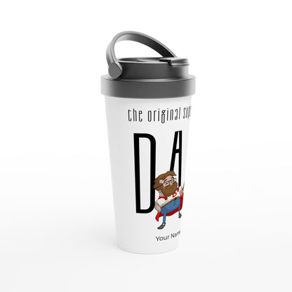 Personalised - Dad, The Original Superhero - White 15oz Stainless Steel Travel Mug Personalised Travel Mug comic Dad Globally Fulfilled