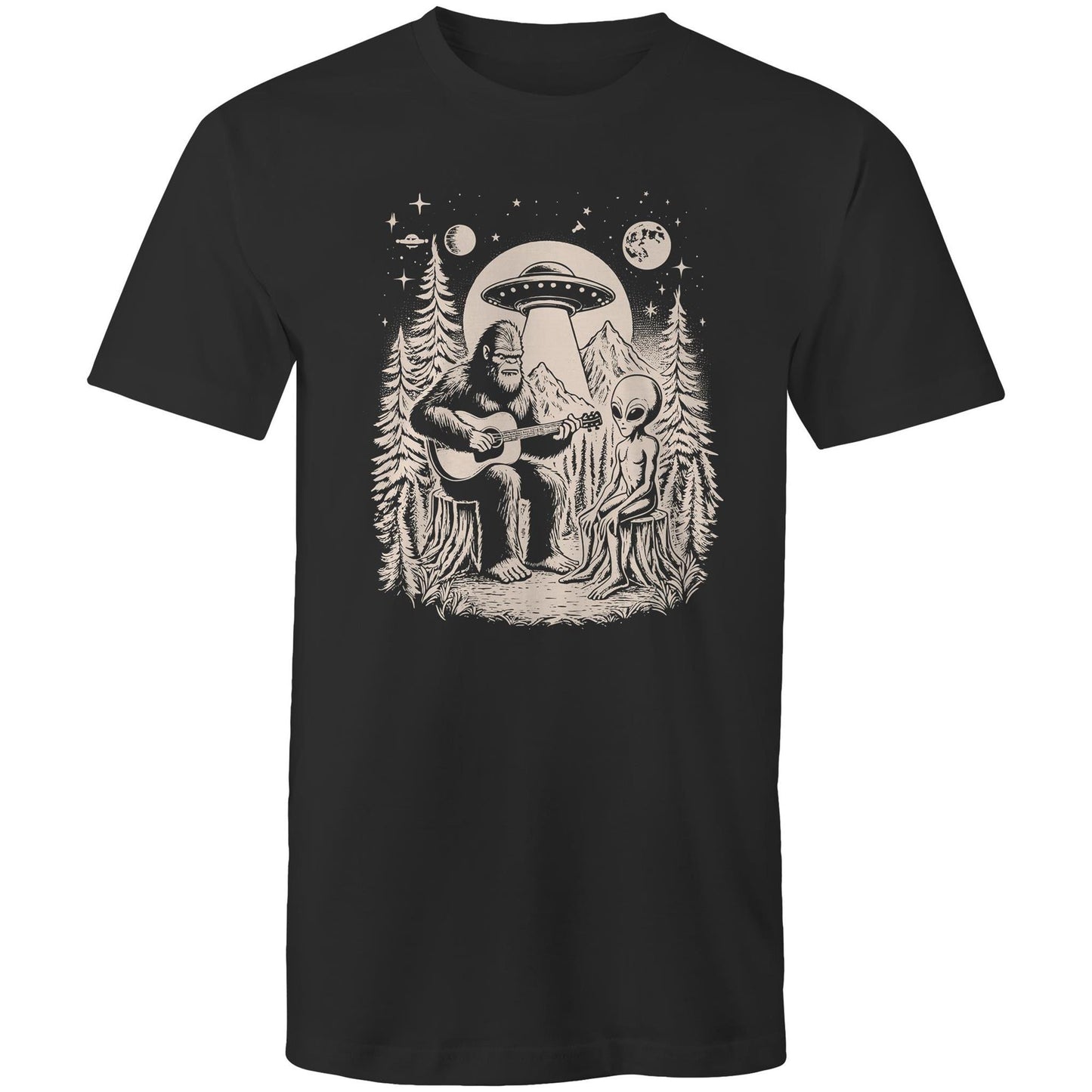 Alien And Bigfoot Play Guitar - Mens T-Shirt Black Mens T-shirt Music Printed In Australia Sci Fi