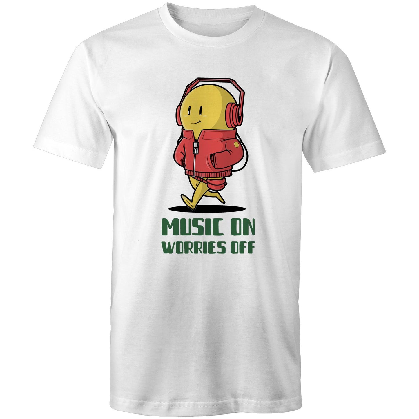 Music On, Worries Off - Mens T-Shirt White Mens T-shirt Music Printed In Australia