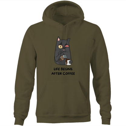 Cat, Life begins After Coffee - Pocket Hoodie Sweatshirt Army Hoodie animal Coffee