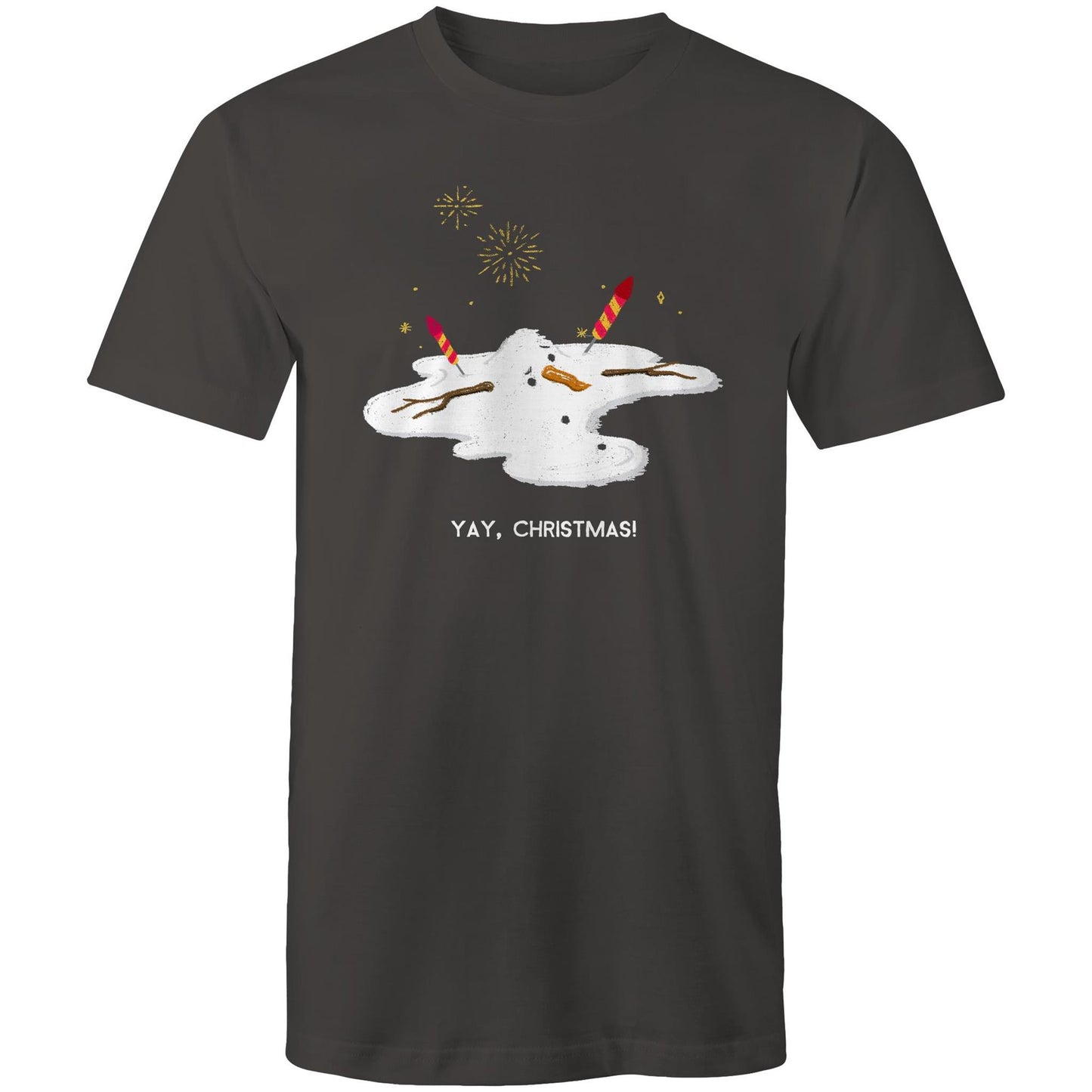 Melting Snowman, Yay Christmas - Mens T-Shirt Charcoal Mens Christmas T-shirt Christmas Printed In Australia