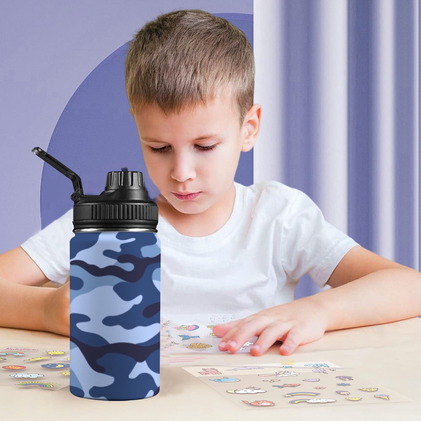 Blue Camouflage - Kids Water Bottle with Chug Lid (12 oz) Kids Water Bottle with Chug Lid Printed Offshore