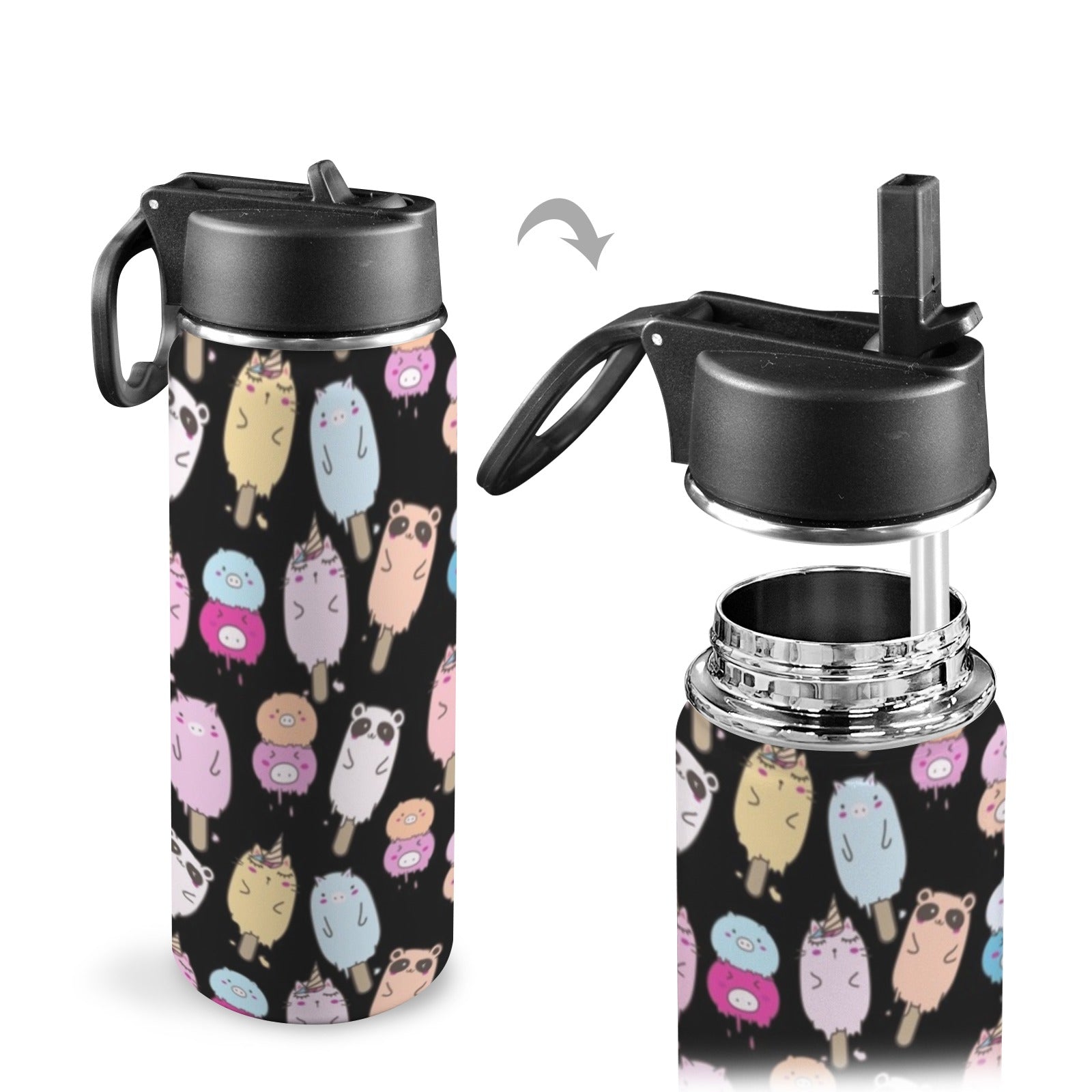 Cute Animal Ice Blocks - Insulated Water Bottle with Straw Lid (18oz) Insulated Water Bottle with Swing Handle Printed Offshore