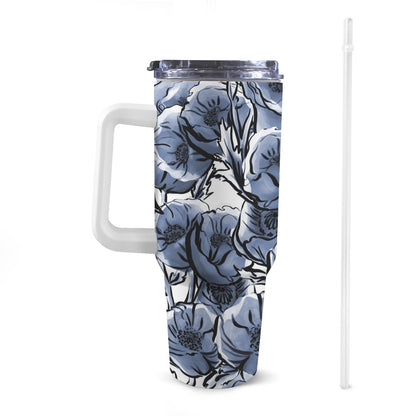 Blue And White Floral - 40oz Tumbler with White Handle