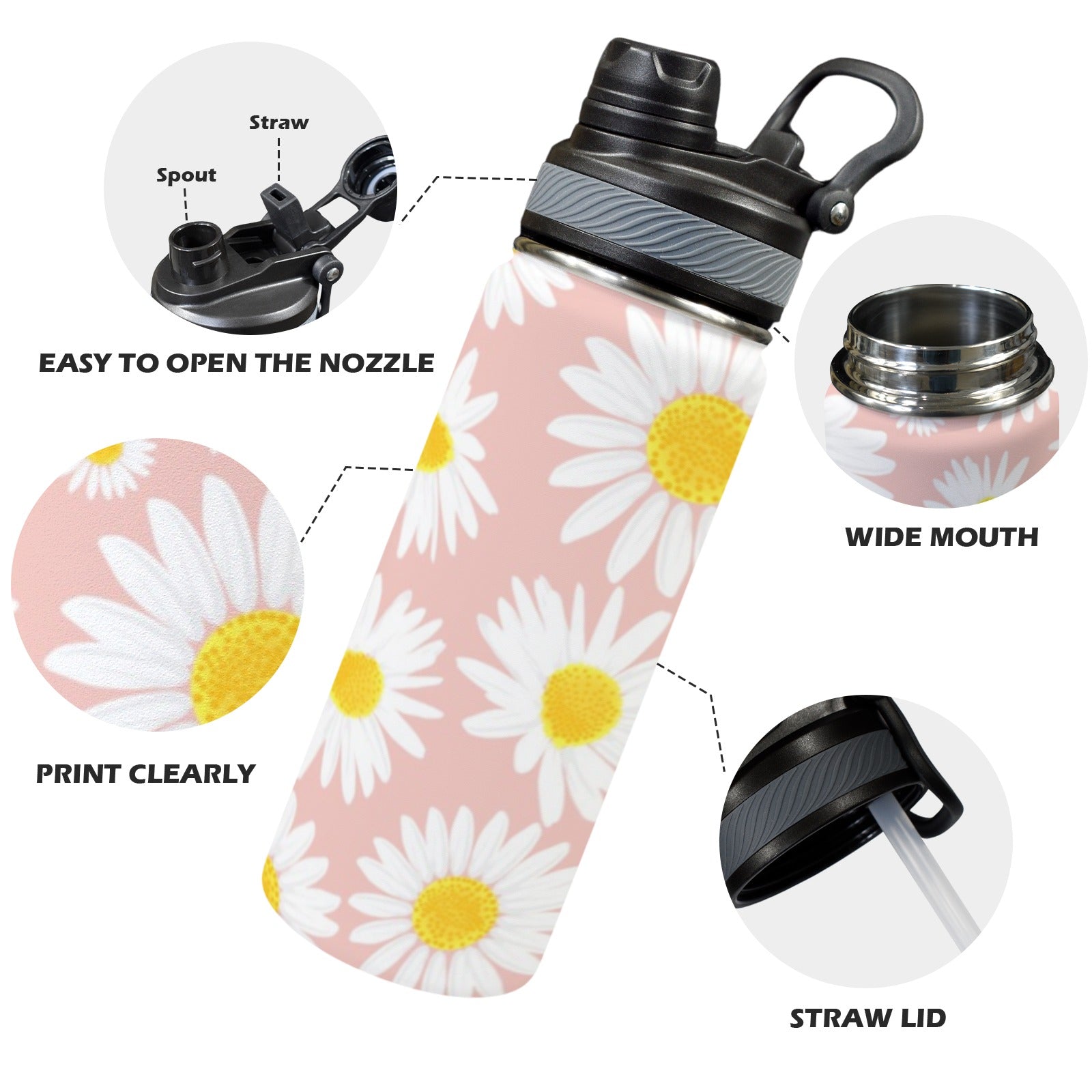 Daisies - Insulated Water Bottle with Dual-Use Lid (18oz) Insulated Water Bottle with Dual-Use Lid (18oz) Printed Offshore