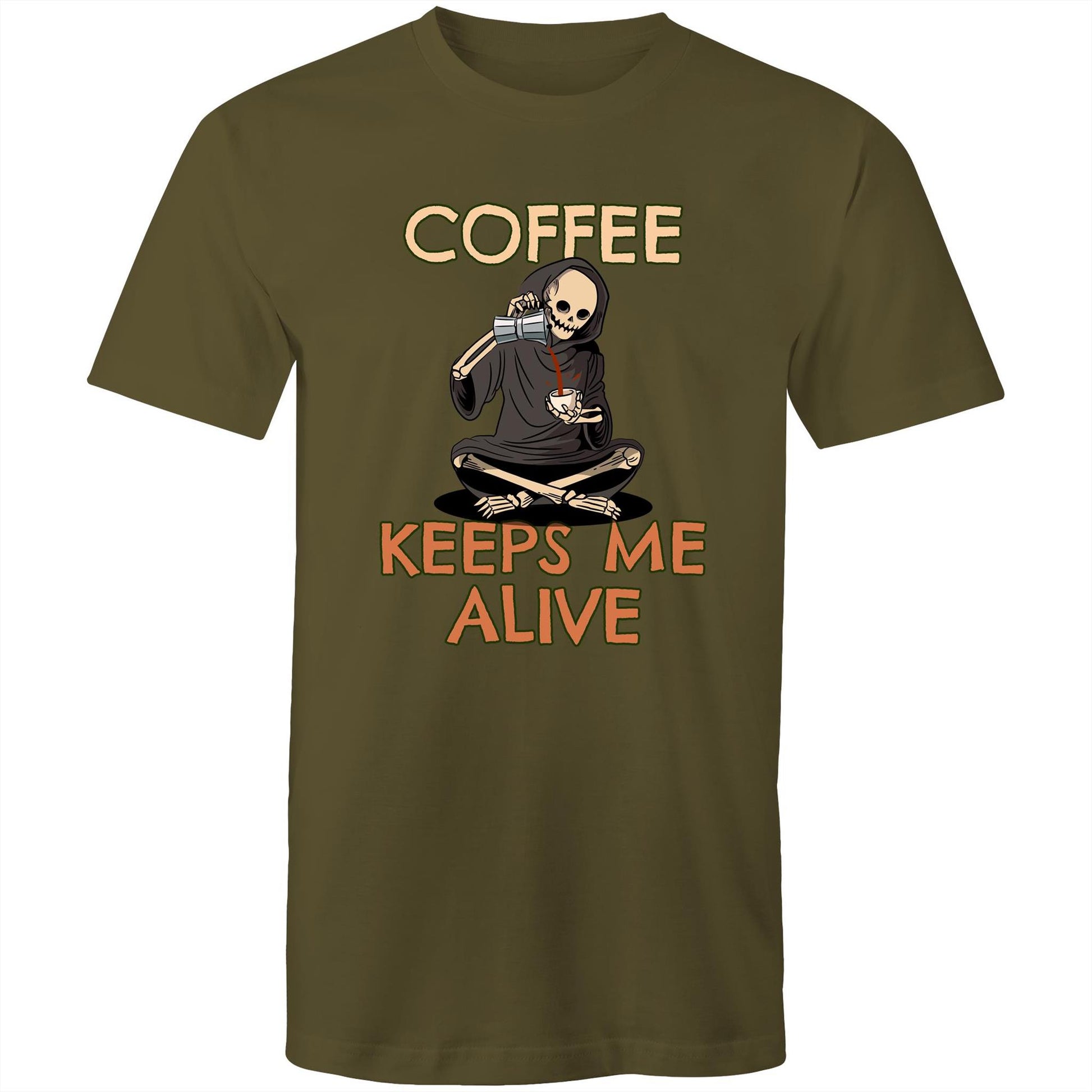 Skeleton, Coffee Keeps Me Alive - Mens T-Shirt Army Green Mens T-shirt Coffee