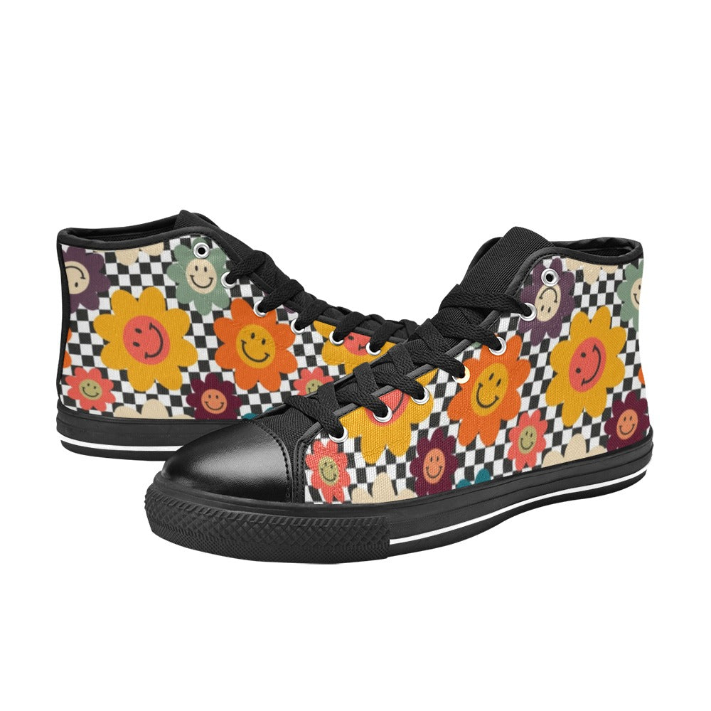 Happy Retro Flowers - Women's High Top Canvas Shoes