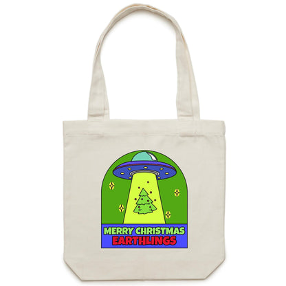 Merry Christmas Earthlings, UFO - Canvas Tote Bag Cream One Size Christmas Tote Bag Christmas Printed In Australia