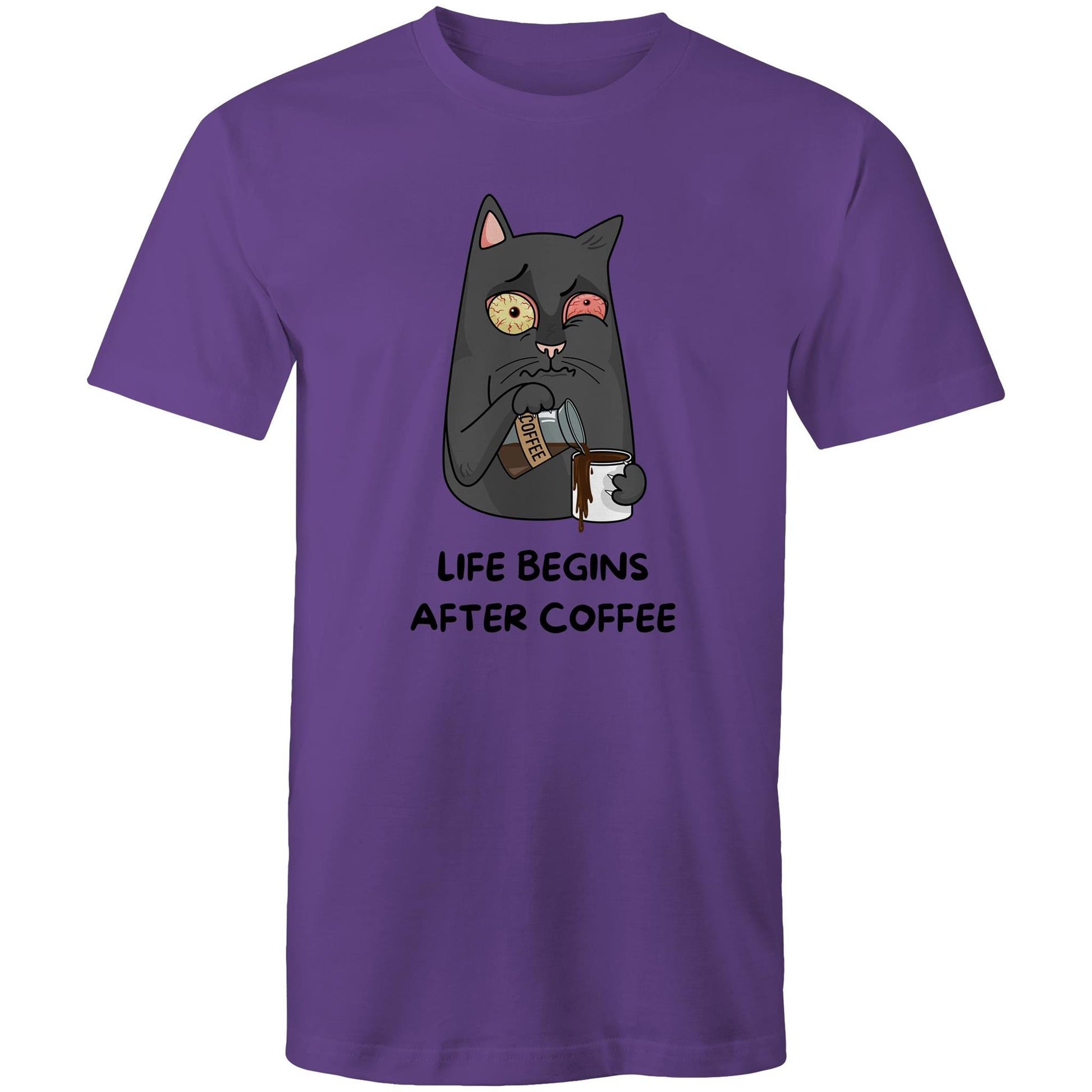 Cat, Life Begins After Coffee - Mens T-Shirt Purple Mens T-shirt animal Coffee Funny