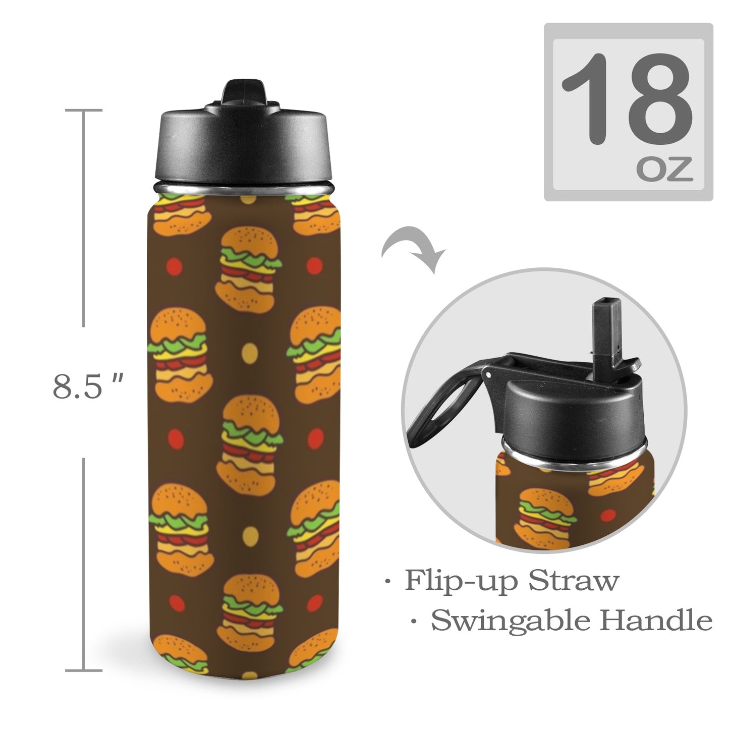 Burgers - Insulated Water Bottle with Straw Lid (18oz) Insulated Water Bottle with Swing Handle Printed Offshore