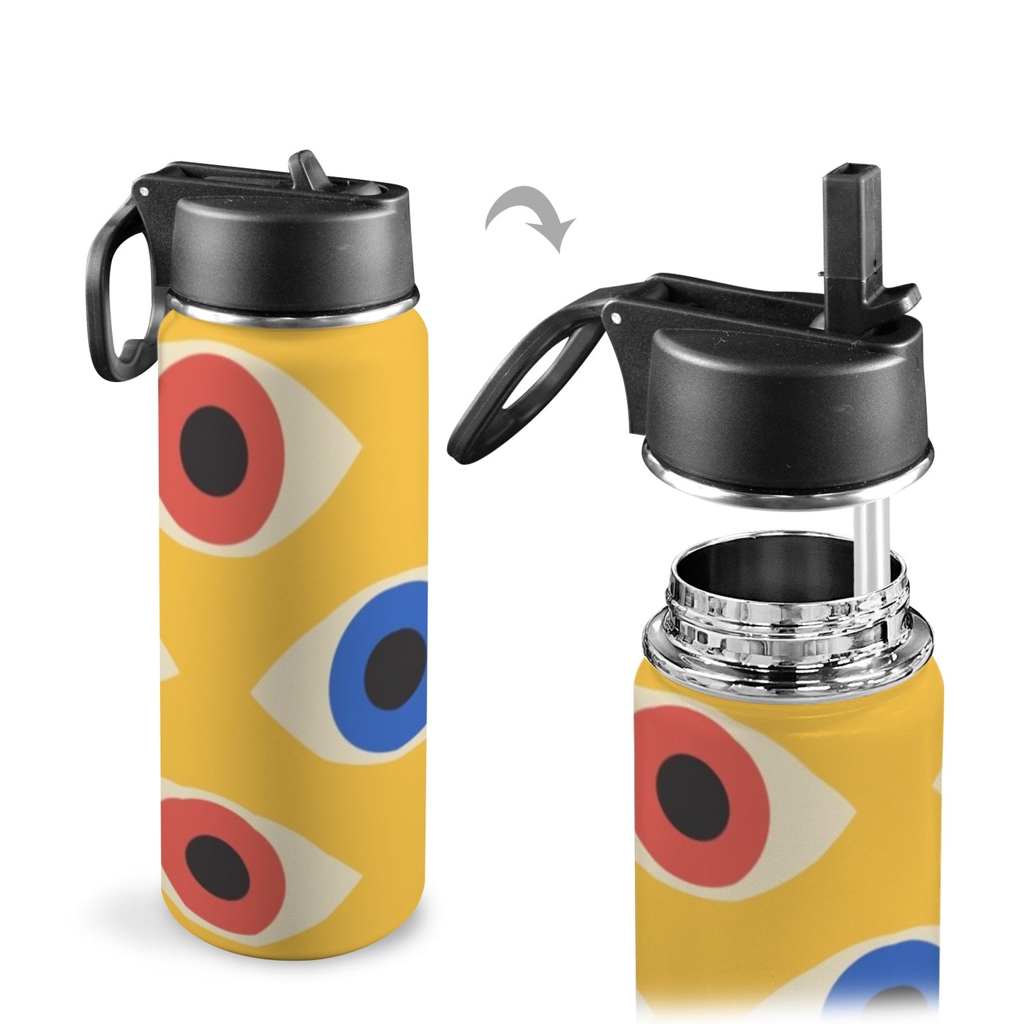 Eyes on Yellow - Insulated Water Bottle with Straw Lid (18oz) Insulated Water Bottle with Swing Handle Printed Offshore