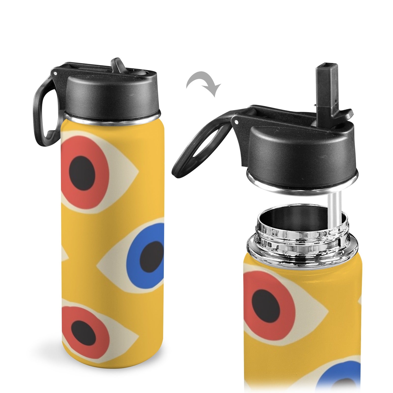 Eyes on Yellow - Insulated Water Bottle with Straw Lid (18oz) Insulated Water Bottle with Swing Handle