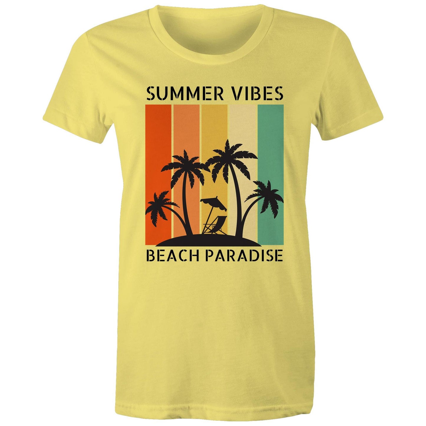 Summer Vibes, Beach Paradise - Womens T-shirt Yellow Womens T-shirt Printed In Australia Summer Surf