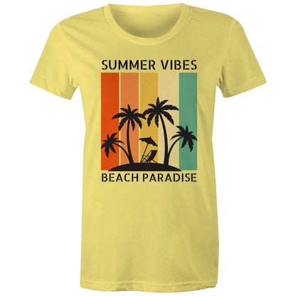 Summer Vibes, Beach Paradise - Womens T-shirt Yellow Womens T-shirt Printed In Australia Summer Surf