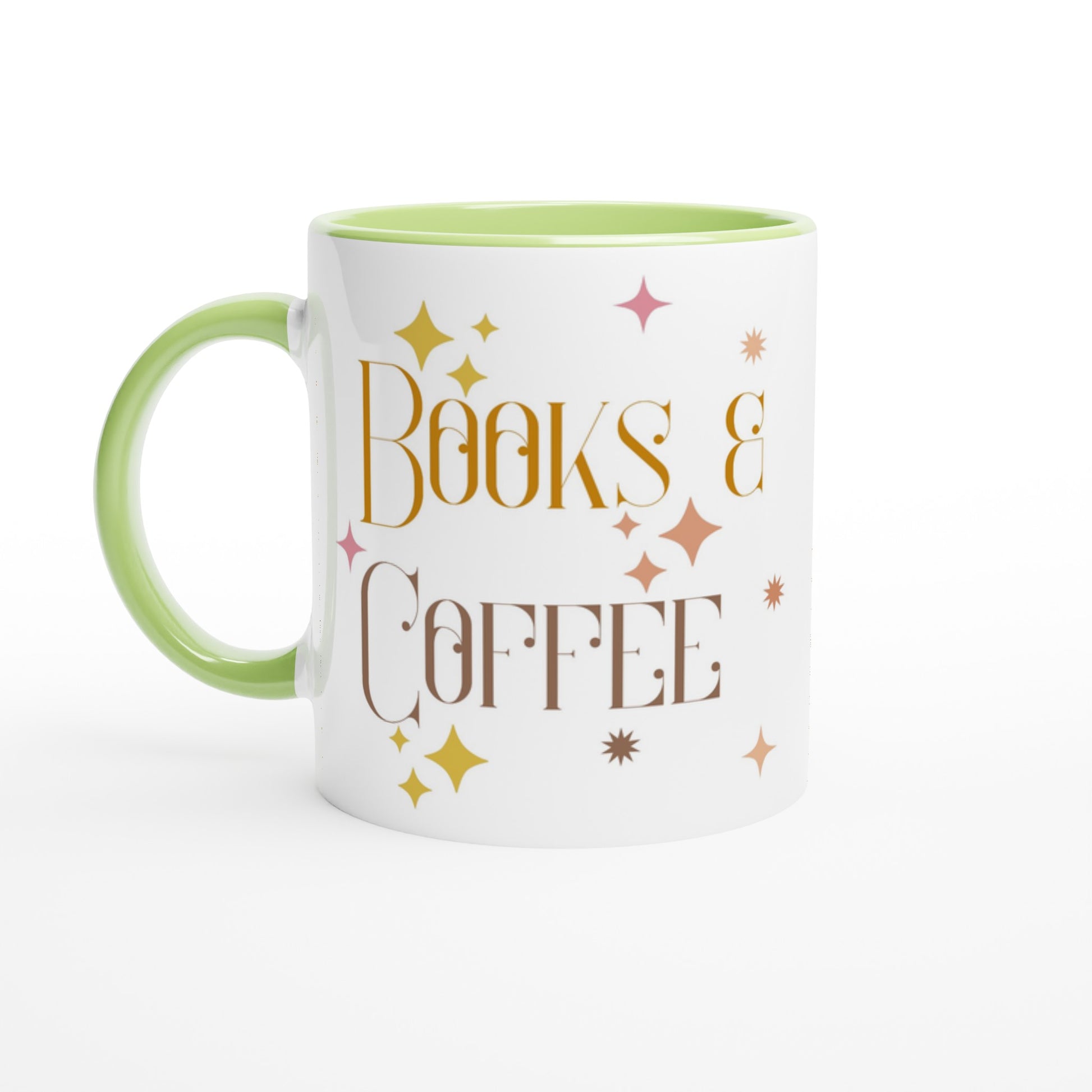 Books And Coffee - White 11oz Ceramic Mug with Colour Inside Ceramic Green Colour 11oz Mug Coffee Globally Fulfilled Reading