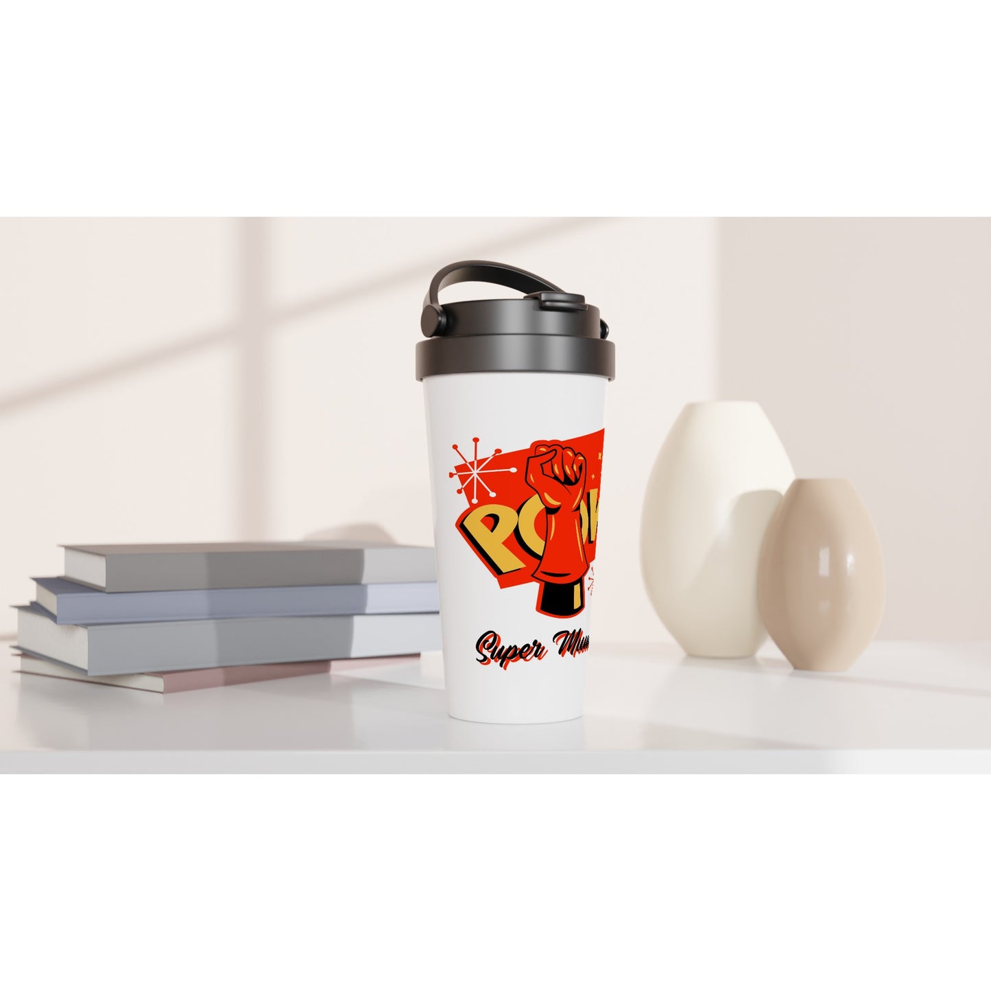 Super Mum - White 15oz Stainless Steel Travel Mug Travel Mug comic Globally Fulfilled Mum