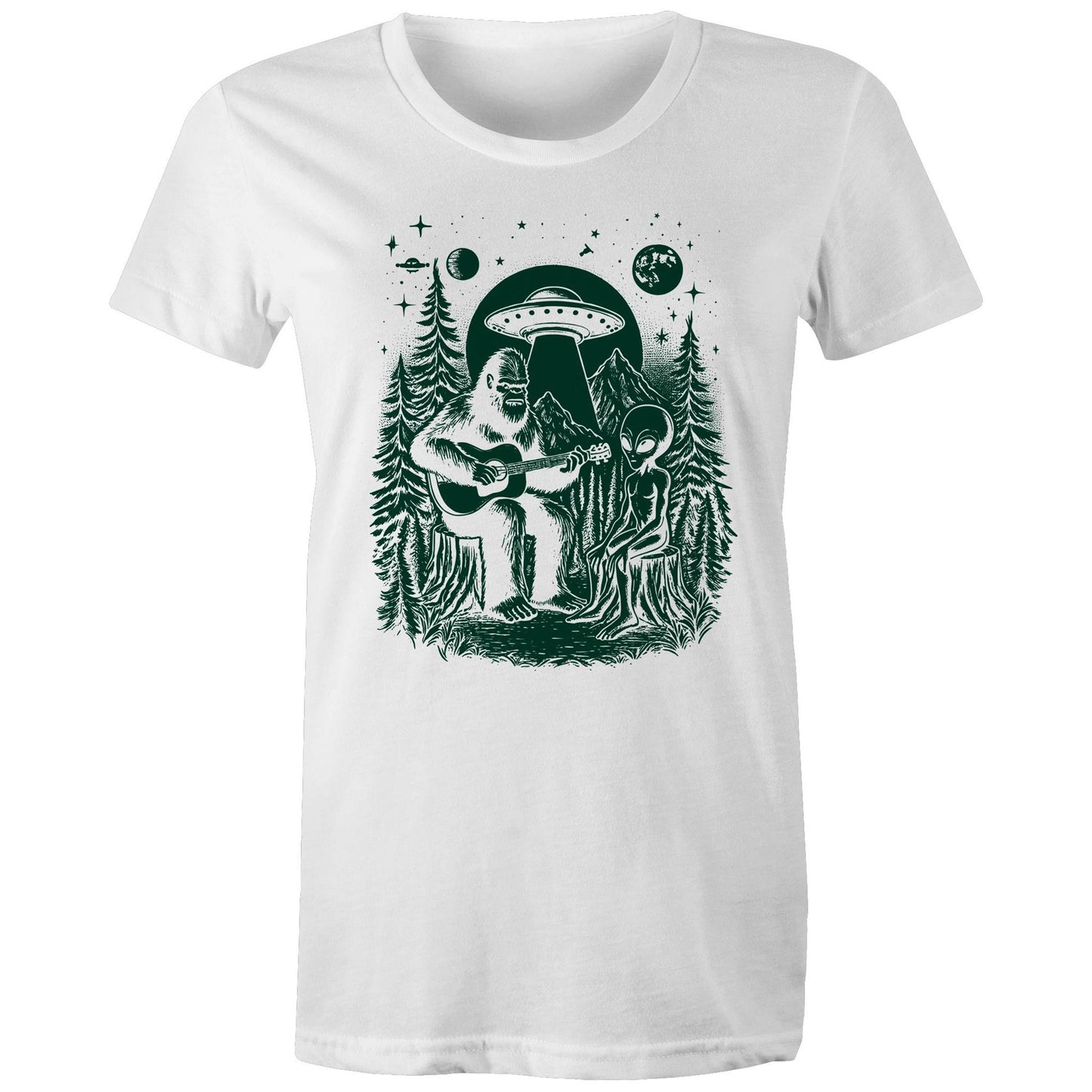 Alien And Bigfoot Play Guitar - Womens T-shirt