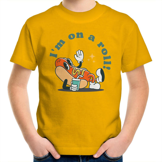 Hot Dog, I'm On A Roll - Kids Youth T-Shirt Gold Kids Youth T-shirt Food