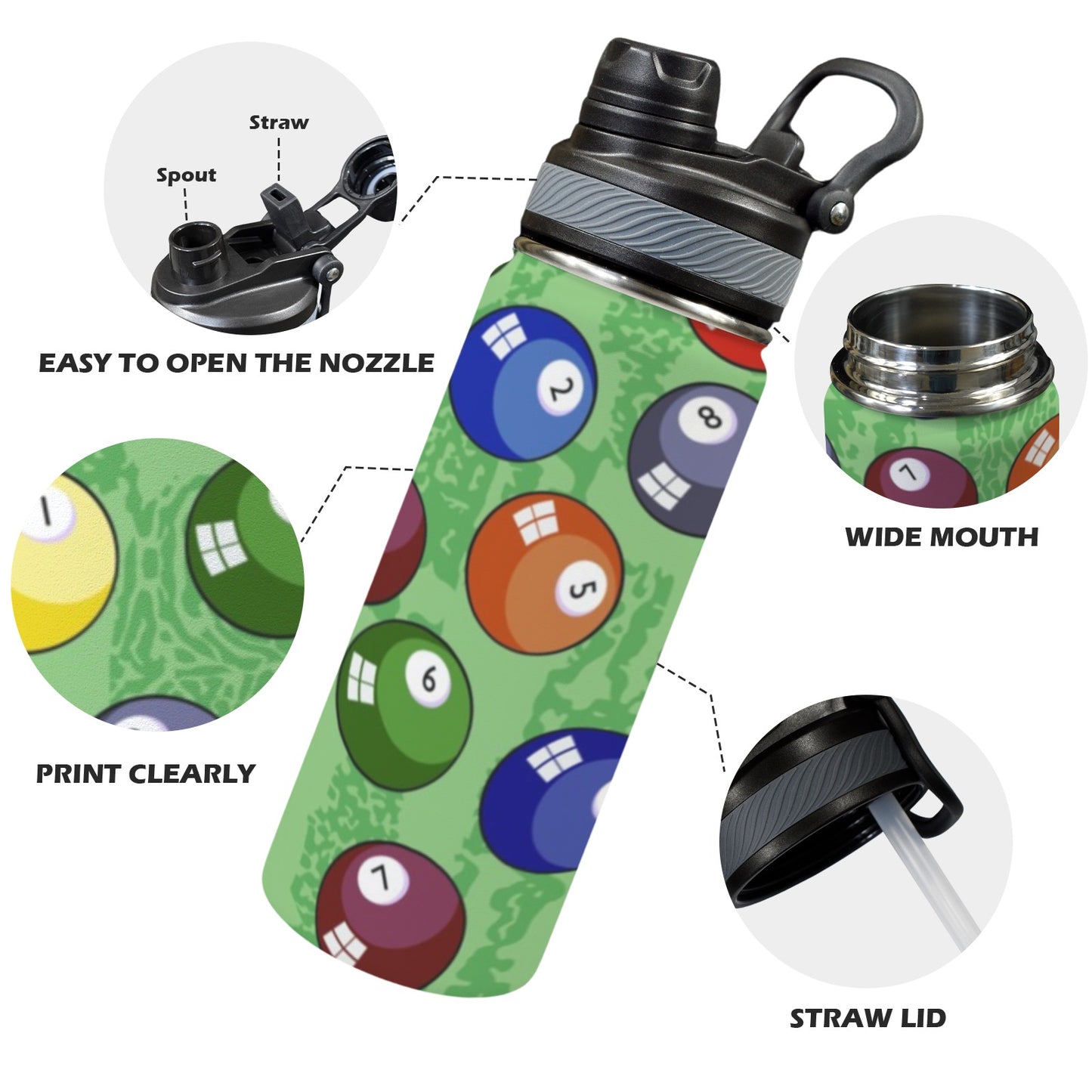 Pool Balls - Insulated Water Bottle with Dual-Use Lid (18oz)