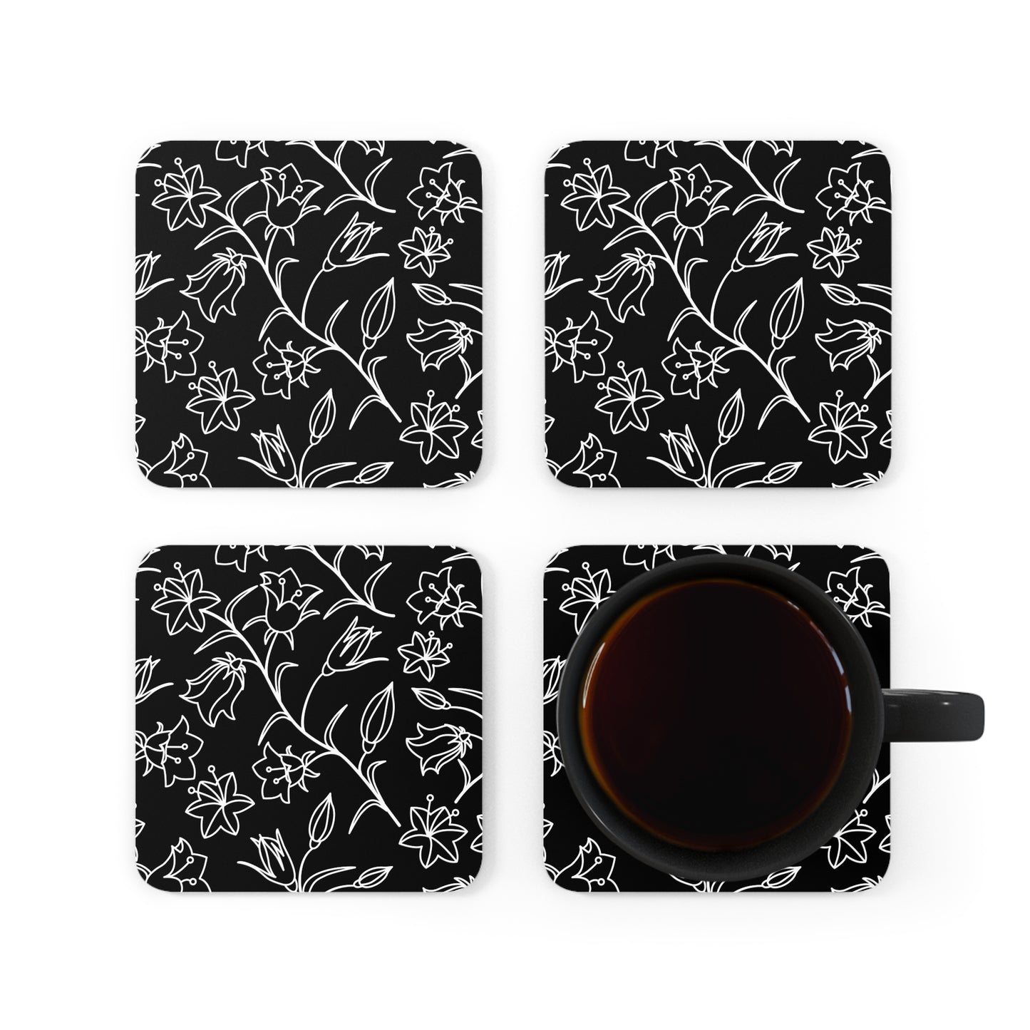 Black And White Floral - Corkwood Coaster Set Coaster