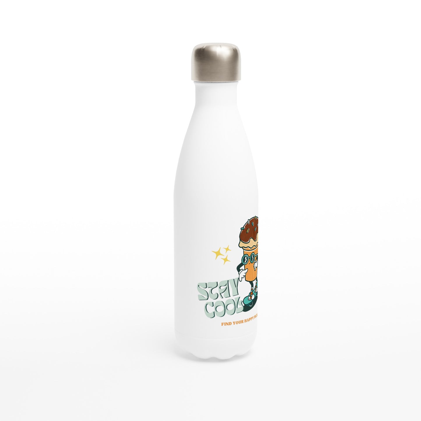 Stay Cool, Ice Cream, Find Your Happy Place - White 17oz Stainless Steel Water Bottle White Water Bottle Globally Fulfilled Retro Summer