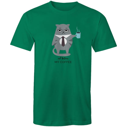 Not Before My Coffee, Cranky Cat - Mens T-Shirt Kelly Green Mens T-shirt animal Coffee Printed In Australia