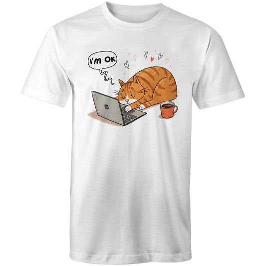 Cat Laptop, I'm OK - Mens T-Shirt White Mens T-shirt animal Printed In Australia