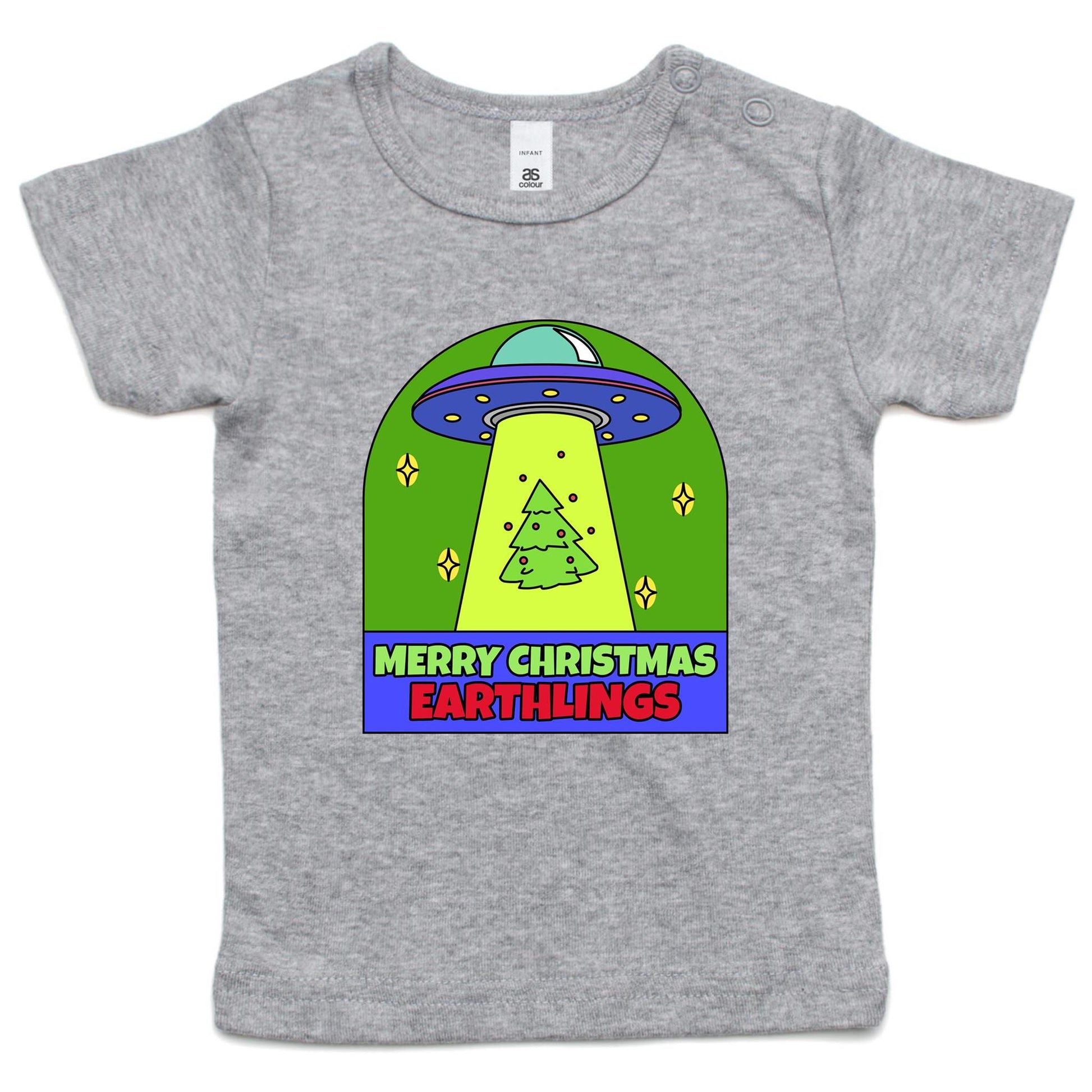 Merry Christmas Earthlings, UFO - Baby T-shirt Grey Marle Christmas Baby T-shirt Merry Christmas