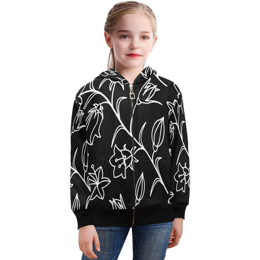 Black And White Floral - Senior Girls Zip Up Hoodie