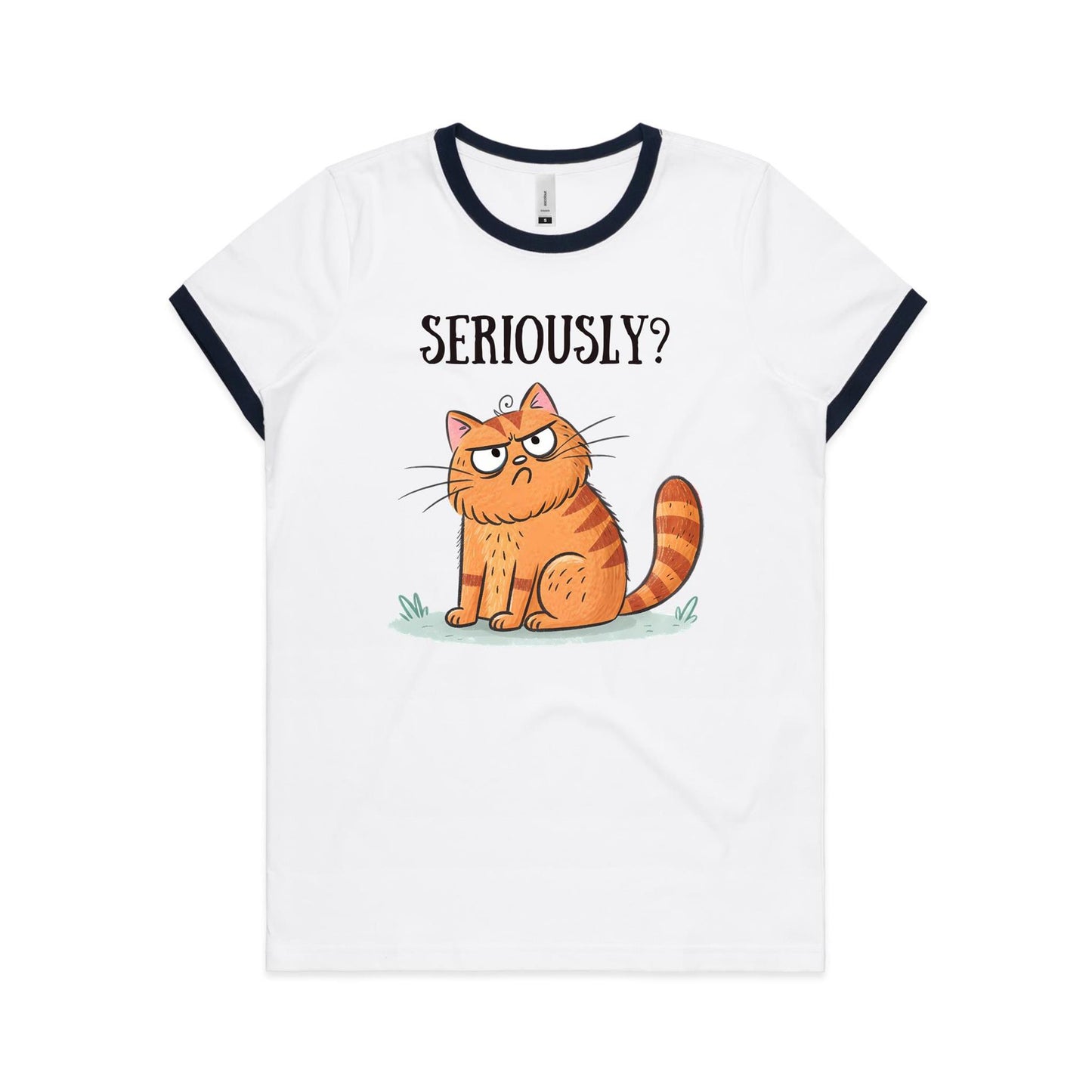 Cat Seriously? - Women's Ringer Tee White Navy Womens Ringer T-shirt animal Printed In Australia