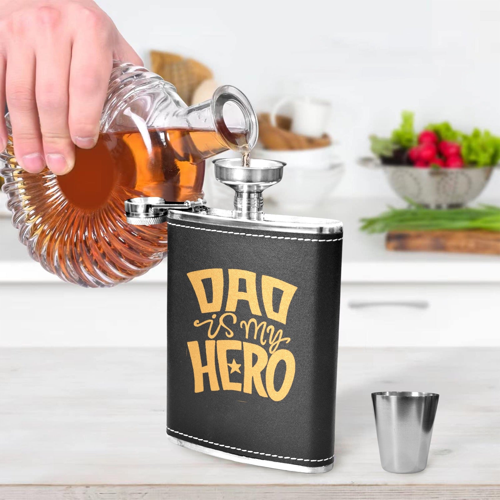 Dad Is My Hero - 8oz Black Leather Hip Flask 8oz Black Leather Hip Flask Printed Offshore