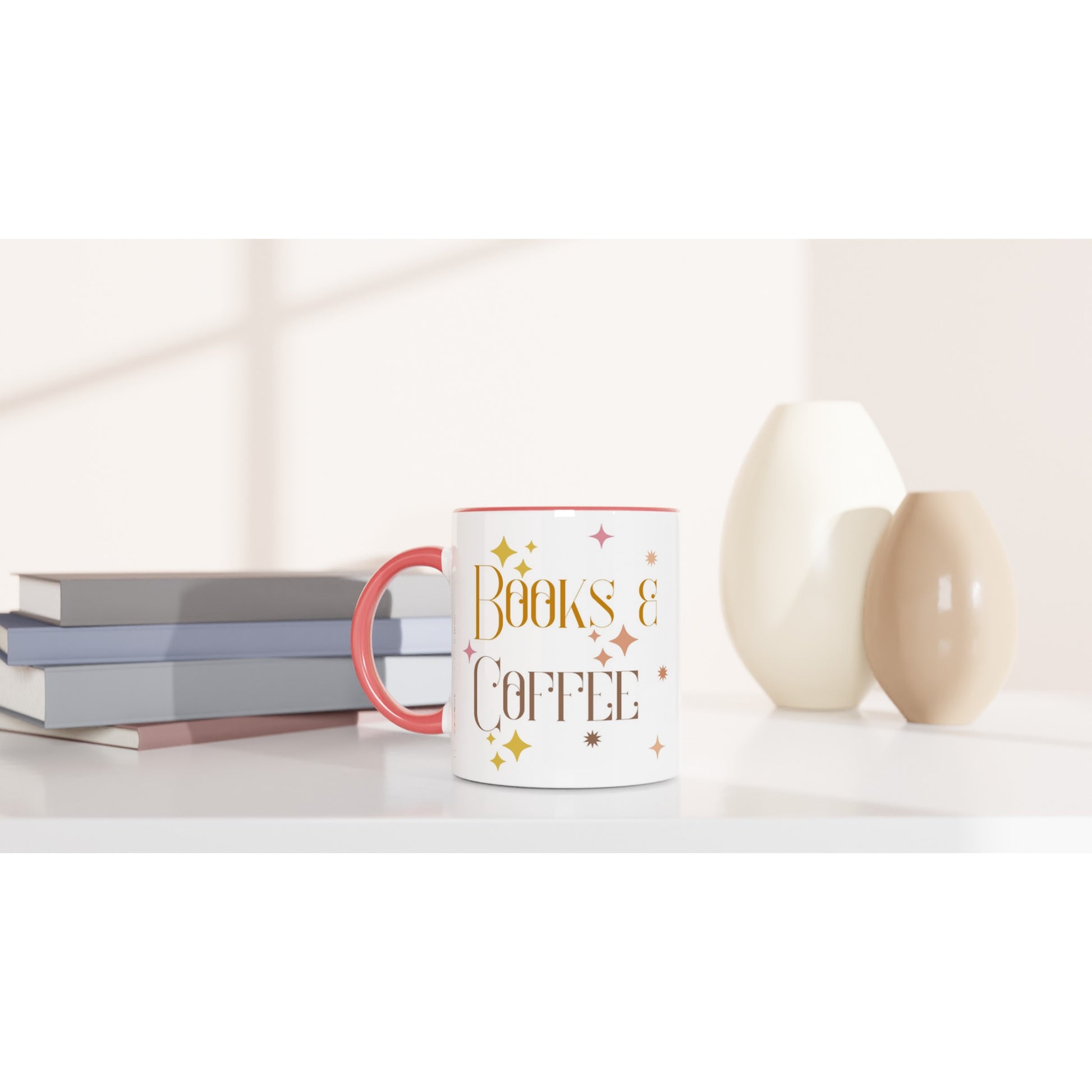 Books And Coffee - White 11oz Ceramic Mug with Colour Inside Colour 11oz Mug Coffee Globally Fulfilled Reading