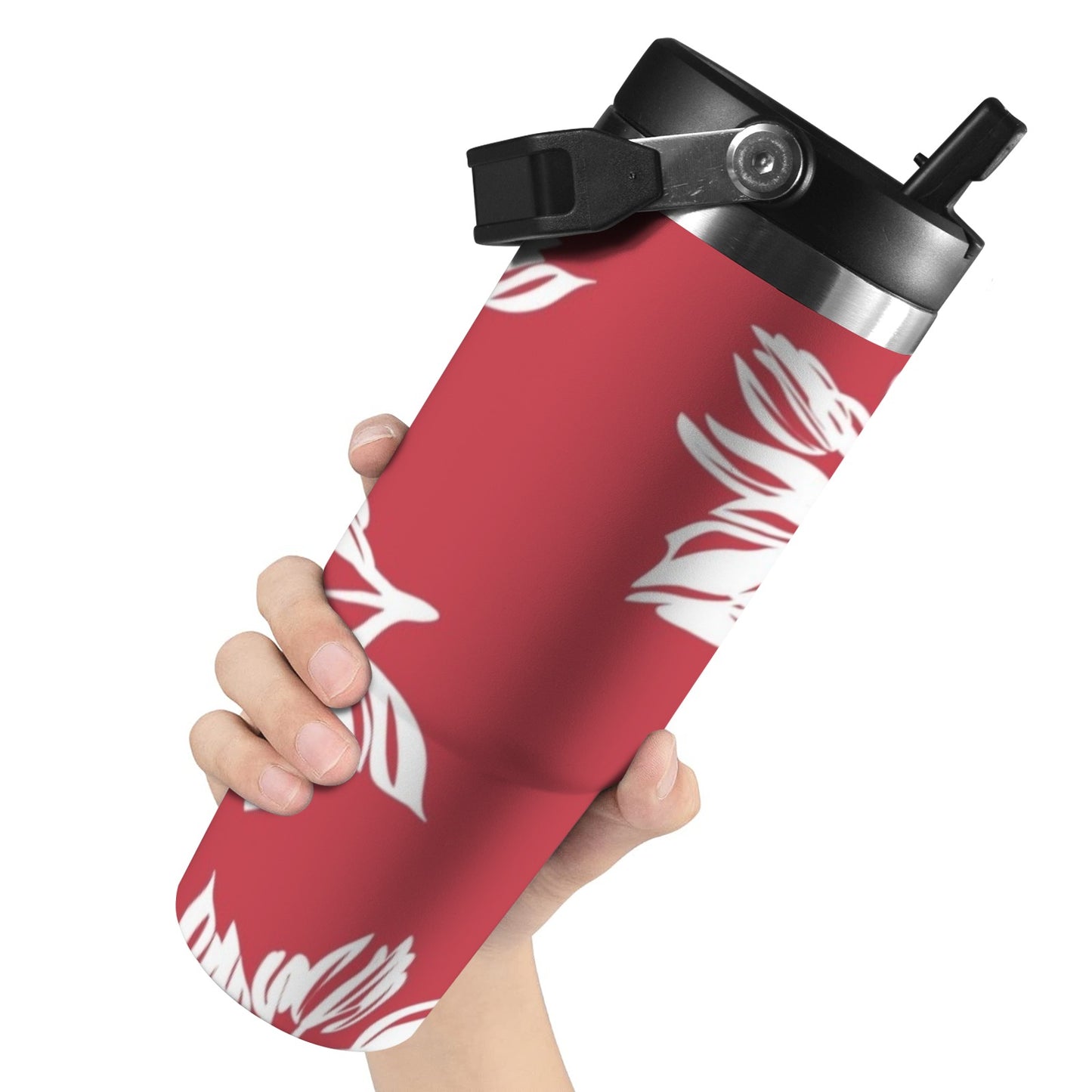 Red Retro Foliage, Hawaiian Flower - 30oz Tumbler with Top Handle